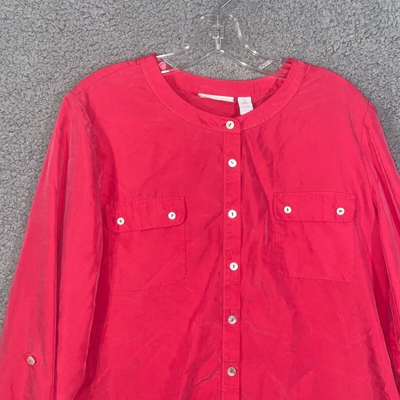Chico's Button Up Womens 2 Red Solid Long Sleeve Pockets High Low Casual Adult - Picture 3 of 15